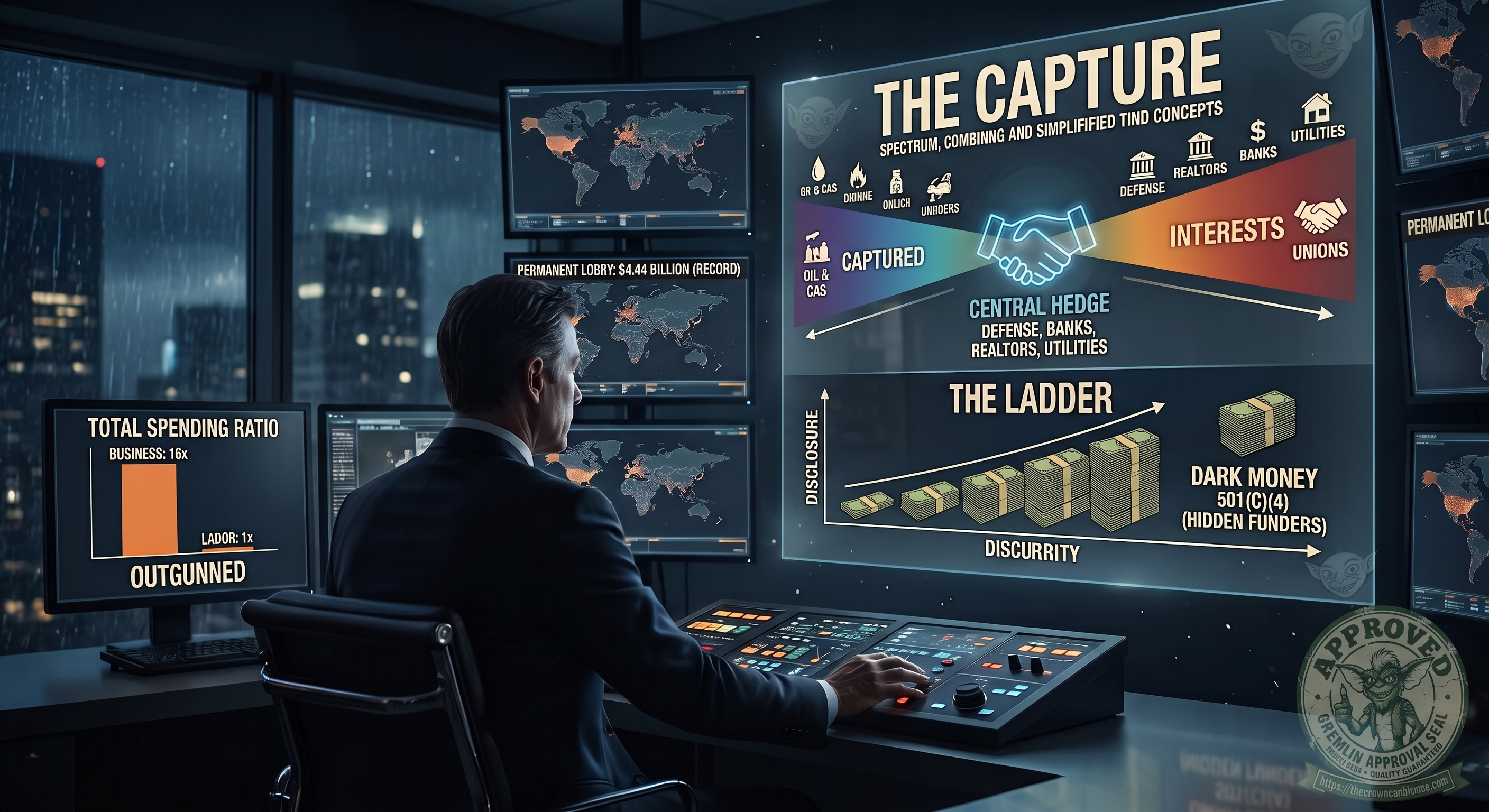 A dark control-room scene titled &lsquo;THE CAPTURE&rsquo; — a suited man at a console faces glowing screens. A central spectrum labeled &lsquo;captured interests&rsquo; runs from oil, gas, coal and gun groups on the left, through a &lsquo;central hedge&rsquo; of defense, banks, realtors and utilities in the middle, to unions on the right, over a handshake. Below, &lsquo;THE LADDER&rsquo; charts rising dollar stacks climbing from disclosure to &lsquo;DARK MONEY — 501(c)(4) hidden funders.&rsquo; A side panel reads &lsquo;TOTAL SPENDING RATIO — business 16x, labor 1x: OUTGUNNED,&rsquo; with &lsquo;PERMANENT LOBBY: $4.44 billion (record).&rsquo; Stamped with a Gremlin &lsquo;Approved&rsquo; seal.
