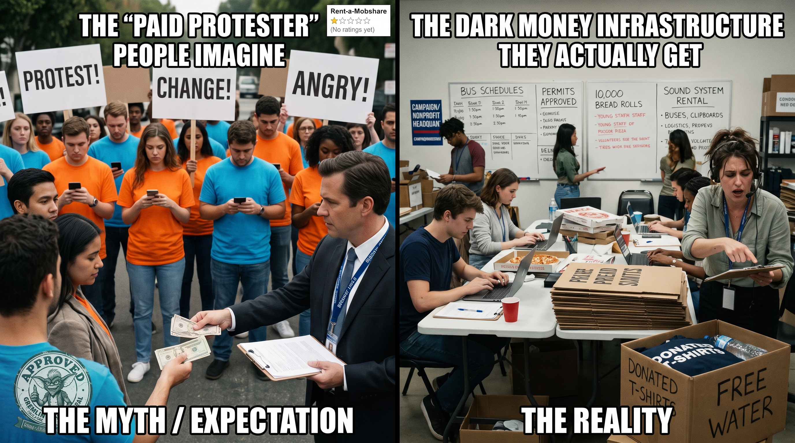 A split-composition meme titled &lsquo;The Paid Protester People Imagine&rsquo; vs &lsquo;The Dark Money Infrastructure They Actually Get.&rsquo; Left side shows a man in a suit handing cash to young people in matching orange and blue t-shirts holding protest signs, with a &lsquo;Rent-a-Mobshare&rsquo; app rating overlay. Right side shows a cluttered campaign office with whiteboards listing bus schedules, permit approvals, bread roll orders, sound system rentals, and young staff working laptops surrounded by boxes of donated t-shirts, free water, and pizza. Bottom text: &lsquo;The Myth / Expectation&rsquo; vs &lsquo;The Reality.&rsquo;