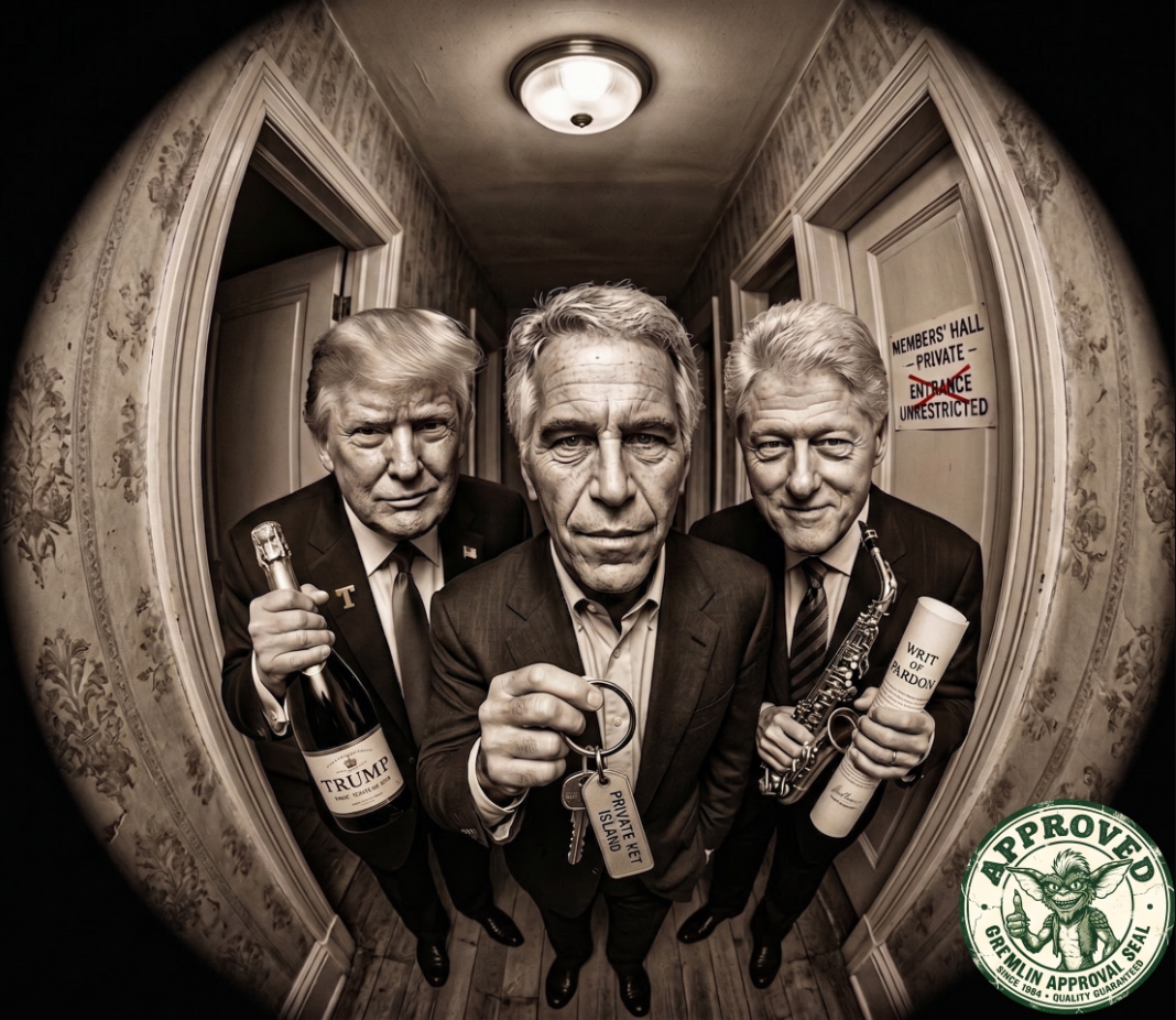 A black-and-white fisheye peephole photo of three men filling a narrow mansion hallway. Left, Donald Trump holds up a bottle of &lsquo;TRUMP&rsquo; champagne; center, Jeffrey Epstein dangles a key ring tagged &lsquo;PRIVATE KEY ISLAND&rsquo;; right, Bill Clinton holds a saxophone and a rolled scroll marked &lsquo;WRIT OF PARDON.&rsquo; On the door behind them a placard reads &lsquo;MEMBERS&rsquo; HALL &middot; PRIVATE,&rsquo; with &lsquo;ENTRANCE&rsquo; struck through and &lsquo;UNRESTRICTED&rsquo; scrawled below. Stamped with a Gremlin &lsquo;Approved&rsquo; seal.