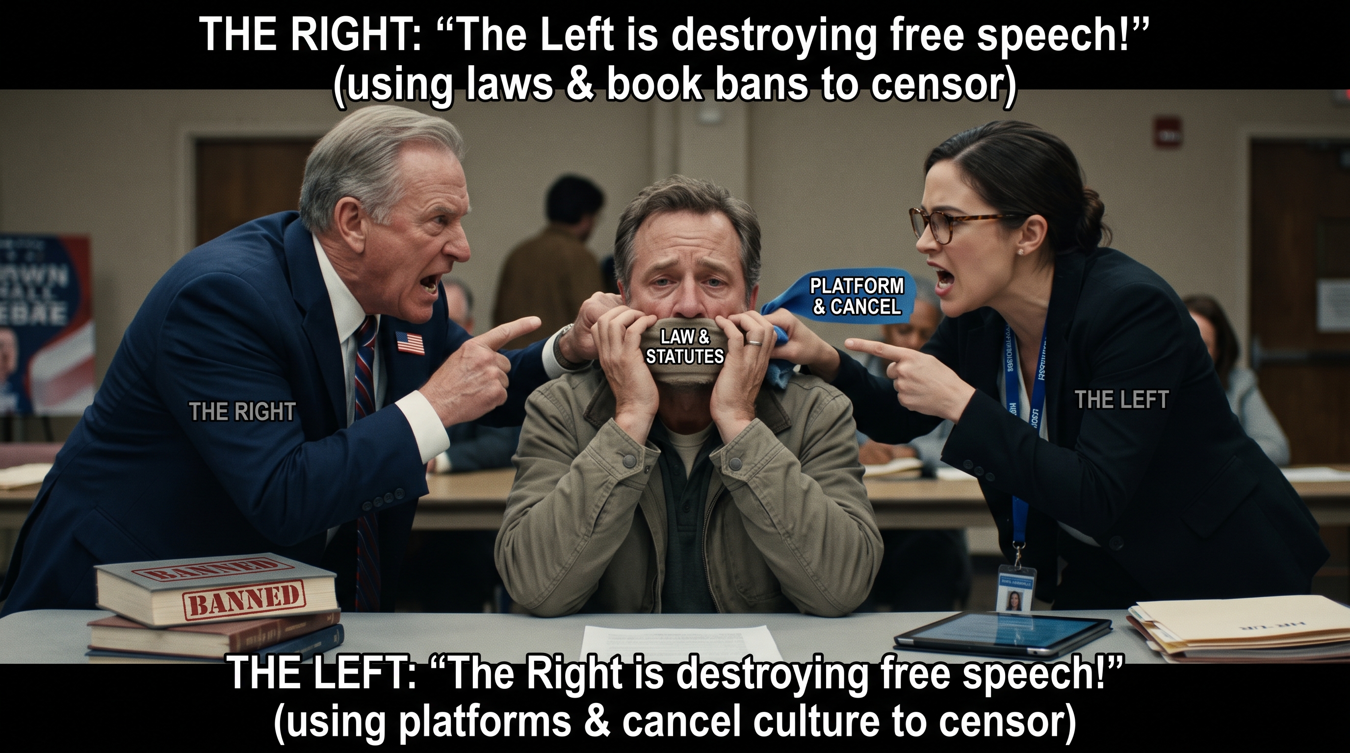 A split-captioned meme set in a town-hall meeting room. Top caption: &lsquo;THE RIGHT: &ldquo;The Left is destroying free speech!&rdquo; (using laws & book bans to censor).&rsquo; Bottom caption: &lsquo;THE LEFT: &ldquo;The Right is destroying free speech!&rdquo; (using platforms & cancel culture to censor).&rsquo; In the center, a distressed everyman labeled with a gag across his mouth reading &lsquo;LAW & STATUTES&rsquo; on one side and &lsquo;PLATFORM & CANCEL&rsquo; on the other, pulled from both directions &mdash; a suited older man labeled &lsquo;THE RIGHT&rsquo; shouting and pointing from the left, a lanyard-wearing woman labeled &lsquo;THE LEFT&rsquo; shouting and pointing from the right. A stack of books stamped &lsquo;BANNED&rsquo; sits on the table in front of him.