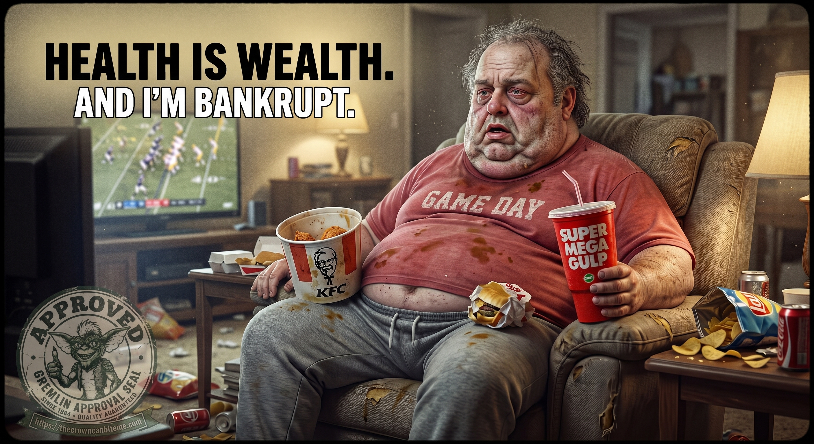 Meme captioned &lsquo;Health is wealth. And I&rsquo;m bankrupt.&rsquo; An obese man in a stained &lsquo;Game Day&rsquo; shirt slumps in a worn recliner watching football, clutching a bucket of KFC fried chicken in one hand and a &lsquo;Super Mega Gulp&rsquo; soda in the other, surrounded by fast-food wrappers, chip bags, and soda cans. Stamped with a Gremlin &lsquo;Approved&rsquo; seal.