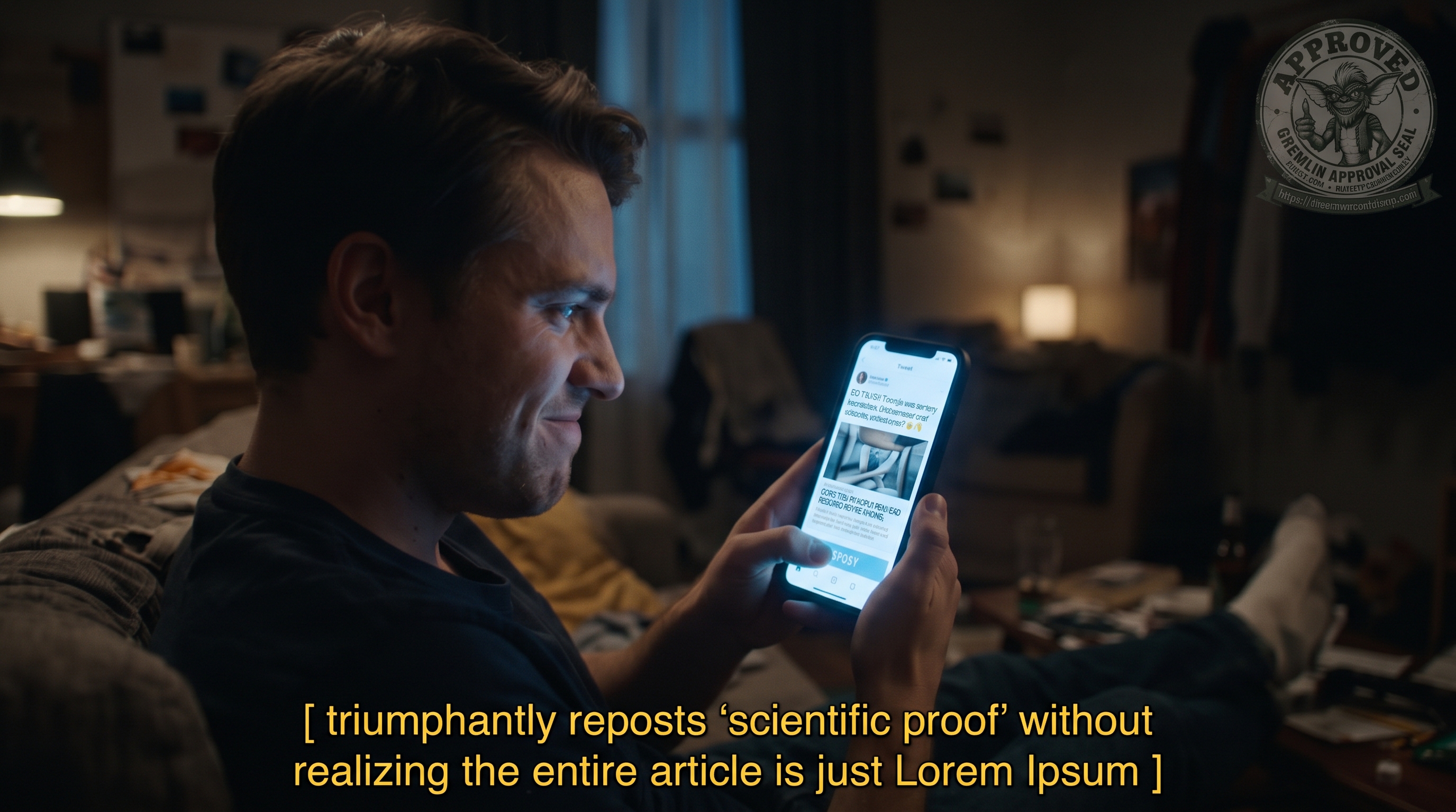 A cinematic photograph of a young man lit by his phone in a dim, cluttered apartment, smiling with satisfaction as he reposts a social-media article. On the phone screen, a tweet shows a headline and a photo above a news card, but every line of the article body is garbled placeholder text &mdash; Lorem Ipsum. Bottom caption in yellow: &lsquo;[ triumphantly reposts &lsquo;scientific proof&rsquo; without realizing the entire article is just Lorem Ipsum ].&rsquo; A circular &lsquo;Gremlin Approval Seal&rsquo; is stamped in the upper right.