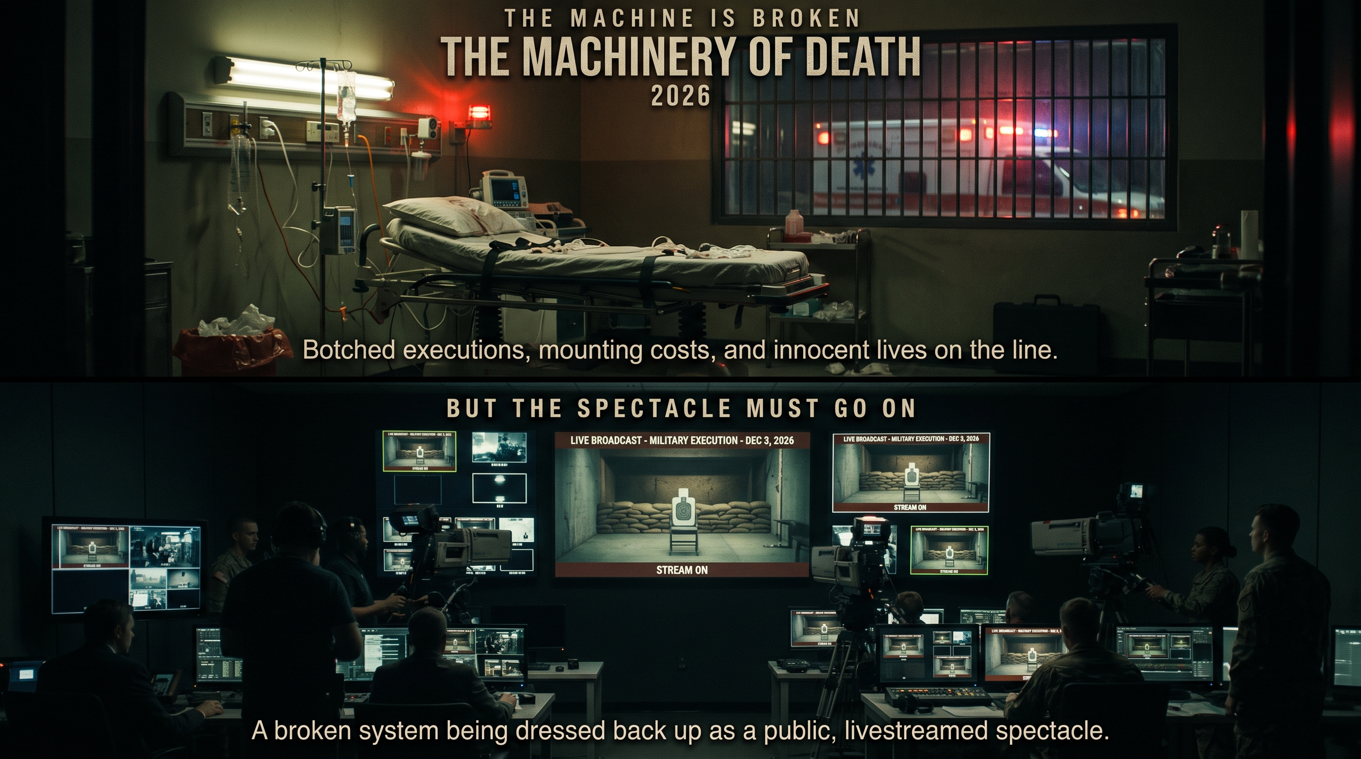 A two-panel cinematic movie-poster graphic titled &lsquo;THE MACHINERY OF DEATH &middot; 2026,&rsquo; headed &lsquo;THE MACHINE IS BROKEN.&rsquo; Top panel: a dim prison medical bay with an empty restraint gurney, an IV drip stand, a cardiac monitor, and an ambulance with flashing red lights visible through a barred window &mdash; captioned &lsquo;Botched executions, mounting costs, and innocent lives on the line.&rsquo; Bottom panel, headed &lsquo;BUT THE SPECTACLE MUST GO ON,&rsquo; shows a darkened TV control room where camera operators and technicians film a wall of broadcast monitors reading &lsquo;LIVE BROADCAST &mdash; MILITARY EXECUTION &mdash; DEC 3, 2026&rsquo; and &lsquo;STREAM ON,&rsquo; each showing a sandbagged firing-squad target chair &mdash; captioned &lsquo;A broken system being dressed back up as a public, livestreamed spectacle.&rsquo;