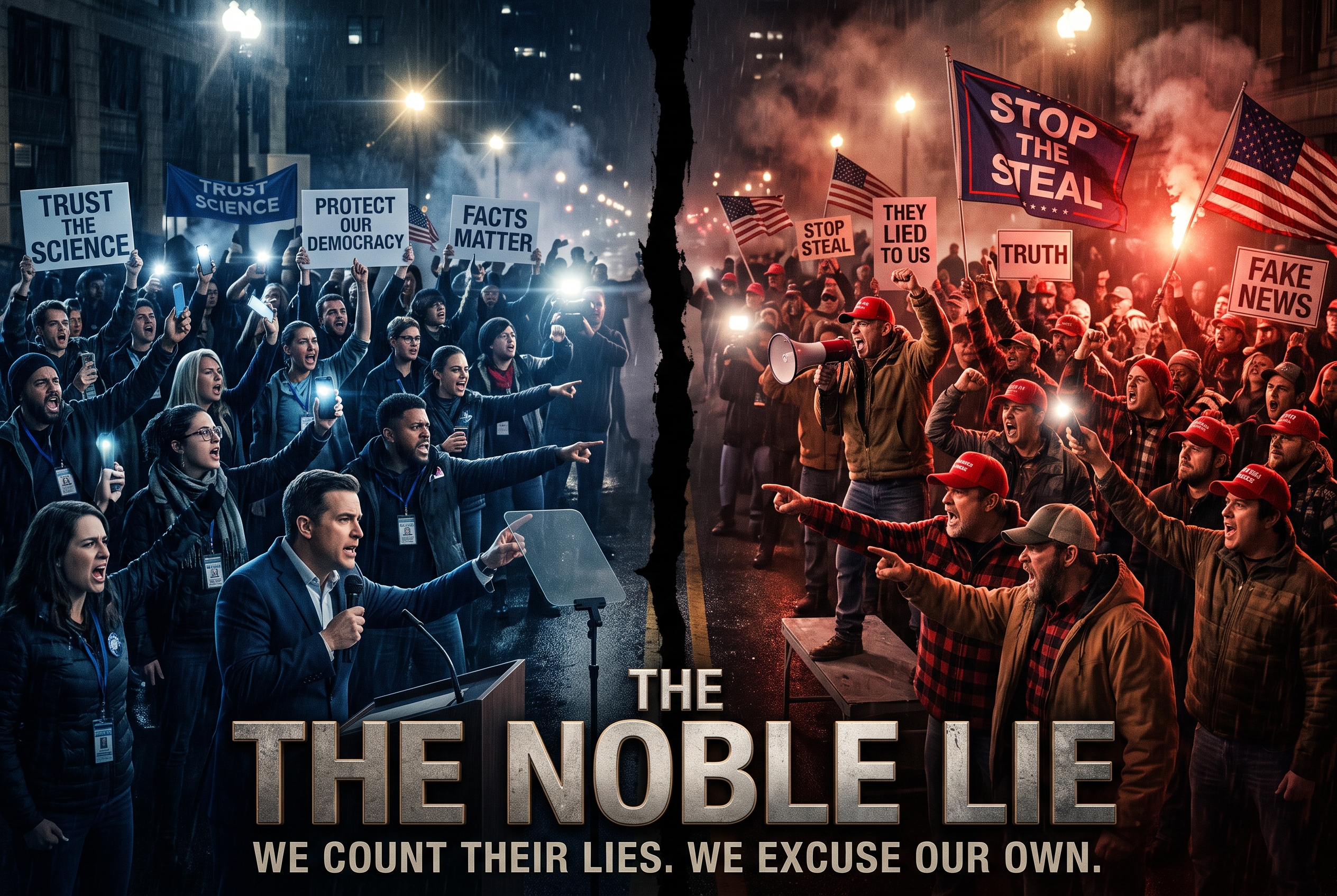 A split-screen movie-poster graphic titled &lsquo;THE NOBLE LIE&rsquo; with the tagline &lsquo;WE COUNT THEIR LIES. WE EXCUSE OUR OWN.&rsquo; A jagged tear splits a rainy nighttime street protest into two mobs. On the left, a blue-lit crowd of lanyard-wearing demonstrators holds signs reading &lsquo;TRUST THE SCIENCE,&rsquo; &lsquo;PROTECT OUR DEMOCRACY,&rsquo; and &lsquo;FACTS MATTER,&rsquo; led by a suited man shouting into a microphone at a podium. On the right, a red-lit crowd in MAGA caps waves American flags and a &lsquo;STOP THE STEAL&rsquo; banner, holding signs reading &lsquo;THEY LIED TO US,&rsquo; &lsquo;TRUTH,&rsquo; and &lsquo;FAKE NEWS,&rsquo; led by a man on a crate yelling through a bullhorn amid road flares. Each side points and screams across the tear at the other.