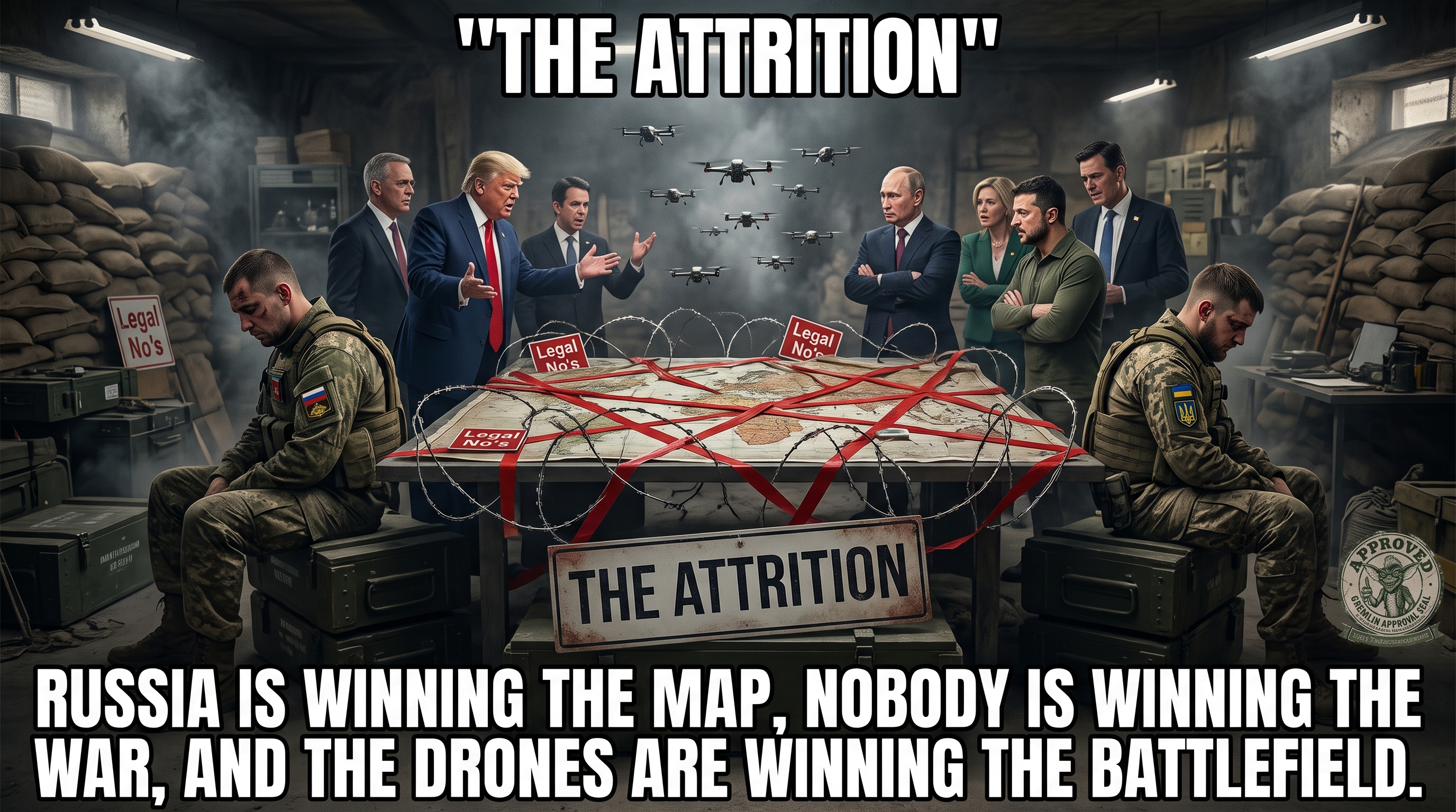 Title &lsquo;THE ATTRITION.&rsquo; In a sandbagged bunker, Western leaders including Trump gesture over a war map while Putin, Zelensky and aides stand opposite, arms crossed. The map on the table is lashed with red tape, barbed wire and &lsquo;Legal No&rsquo;s&rsquo; signs; a swarm of FPV quadcopter drones hovers above it. Two exhausted soldiers &mdash; one with a Russian flag patch, one Ukrainian &mdash; sit slumped on ammunition crates at either end. A placard on the front crate reads &lsquo;THE ATTRITION.&rsquo; Bottom banner: &lsquo;Russia is winning the map, nobody is winning the war, and the drones are winning the battlefield.&rsquo; A Gremlin Approval Seal from thecrowncanbiteme.com sits in the lower-right corner.