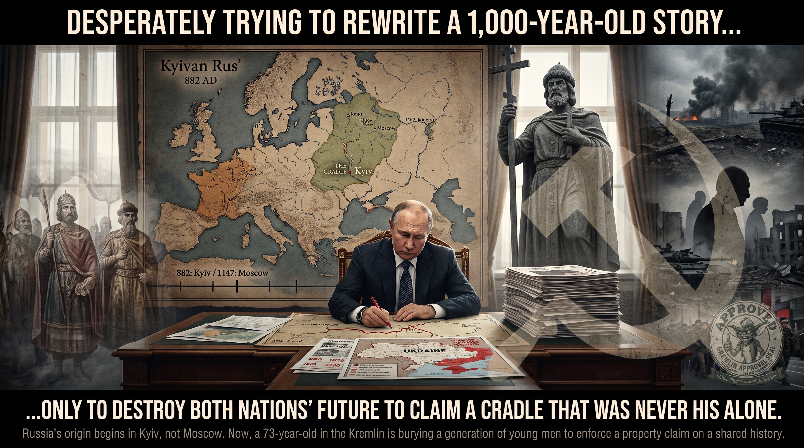 A cinematic graphic headlined &lsquo;DESPERATELY TRYING TO REWRITE A 1,000-YEAR-OLD STORY&hellip;&rsquo; Vladimir Putin sits at a wooden desk signing a document over a map of Ukraine marked with red annexation lines. Behind him, a large wall map labeled &lsquo;Kyivan Rus&rsquo; 882 AD&rsquo; highlights the cradle at Kyiv, with a timeline reading &lsquo;882: Kyiv / 1147: Moscow.&rsquo; To the right, a stone statue of Grand Prince Volodymyr holds an Orthodox cross, and burning tanks and war ruins fill the far right beneath a faded hammer-and-sickle overlay. A circular Gremlin &lsquo;Approved&rsquo; seal is stamped in the lower-right corner. Bottom banner reads &lsquo;&hellip;ONLY TO DESTROY BOTH NATIONS&rsquo; FUTURE TO CLAIM A CRADLE THAT WAS NEVER HIS ALONE,&rsquo; with the subtitle &lsquo;Russia&rsquo;s origin begins in Kyiv, not Moscow. Now, a 73-year-old in the Kremlin is burying a generation of young men to enforce a property claim on a shared history.&rsquo;