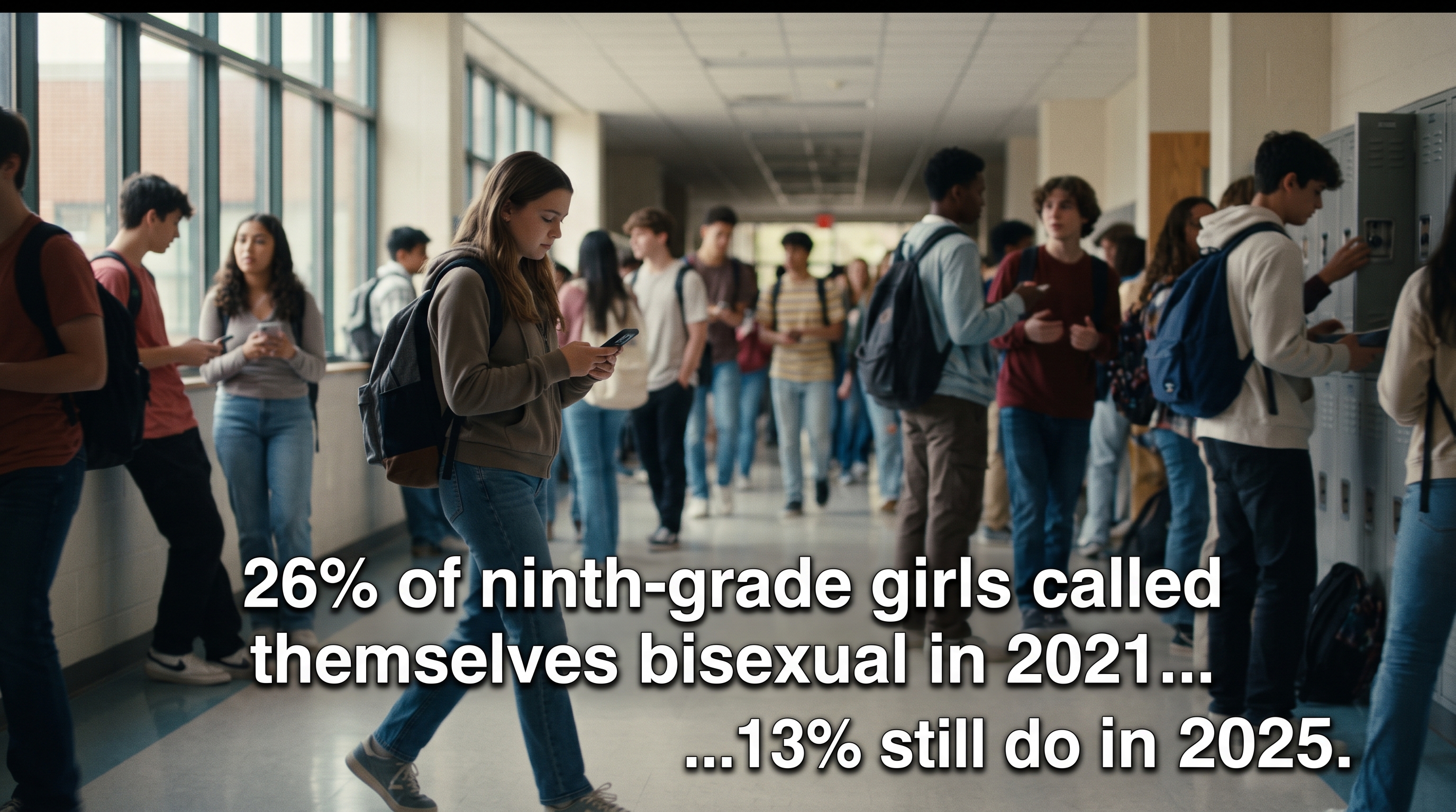 A high-school hallway scene: a girl walks past groups of students at lockers, looking at her phone. Bold white text at bottom reads &lsquo;26% of ninth-grade girls called themselves bisexual in 2021&hellip; &hellip;13% still do in 2025.&rsquo;