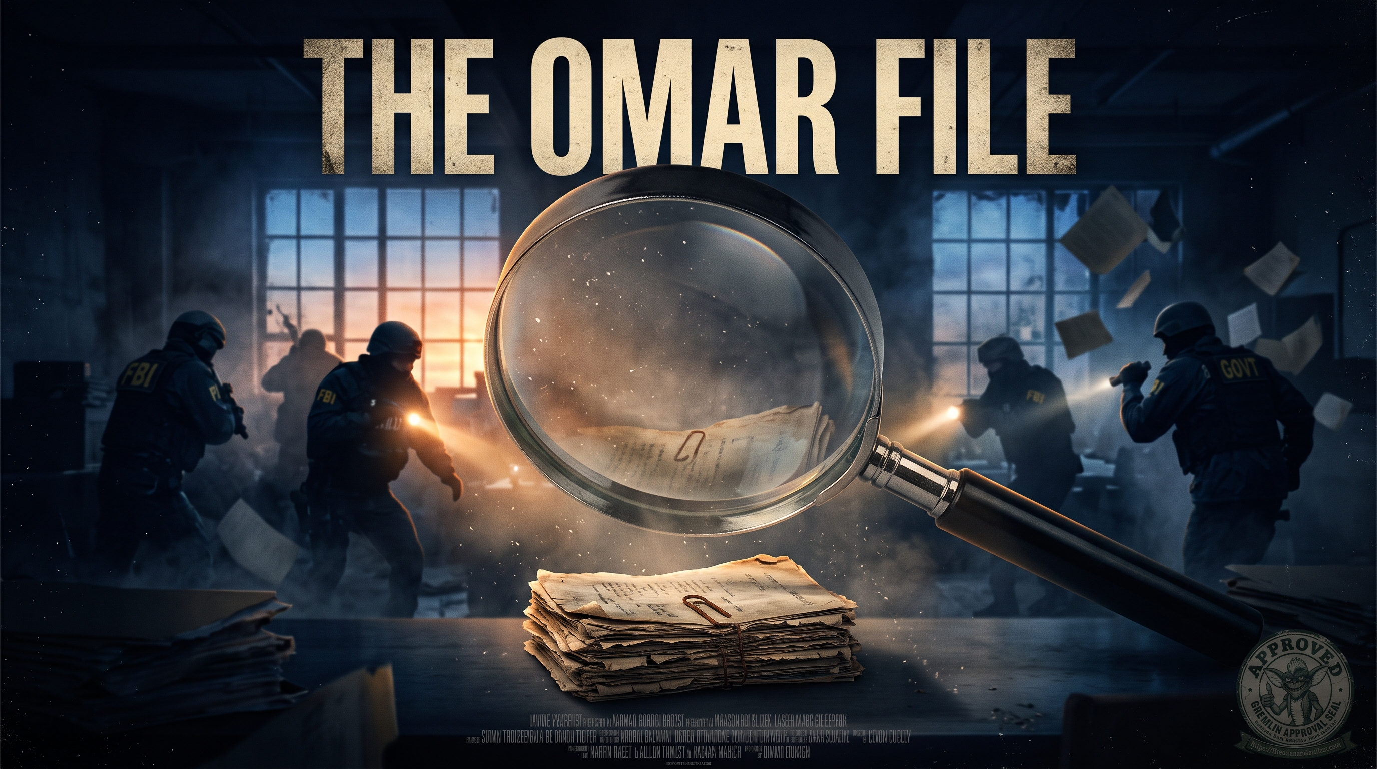 A mock movie poster in gritty thriller style, titled in large distressed capitals &lsquo;THE OMAR FILE.&rsquo; A giant magnifying glass hovers over a worn, paper-clipped stack of documents on a desk, enlarging the handwritten pages. In the shadowy background, helmeted raid agents in tactical gear labeled &lsquo;FBI&rsquo; and &lsquo;GOVT&rsquo; sweep a dim office with flashlights as loose papers fly through the air. Illegible garbled studio credits run across the bottom, and a small circular &lsquo;Gremlin Approval Seal&rsquo; sits in the lower-right corner.