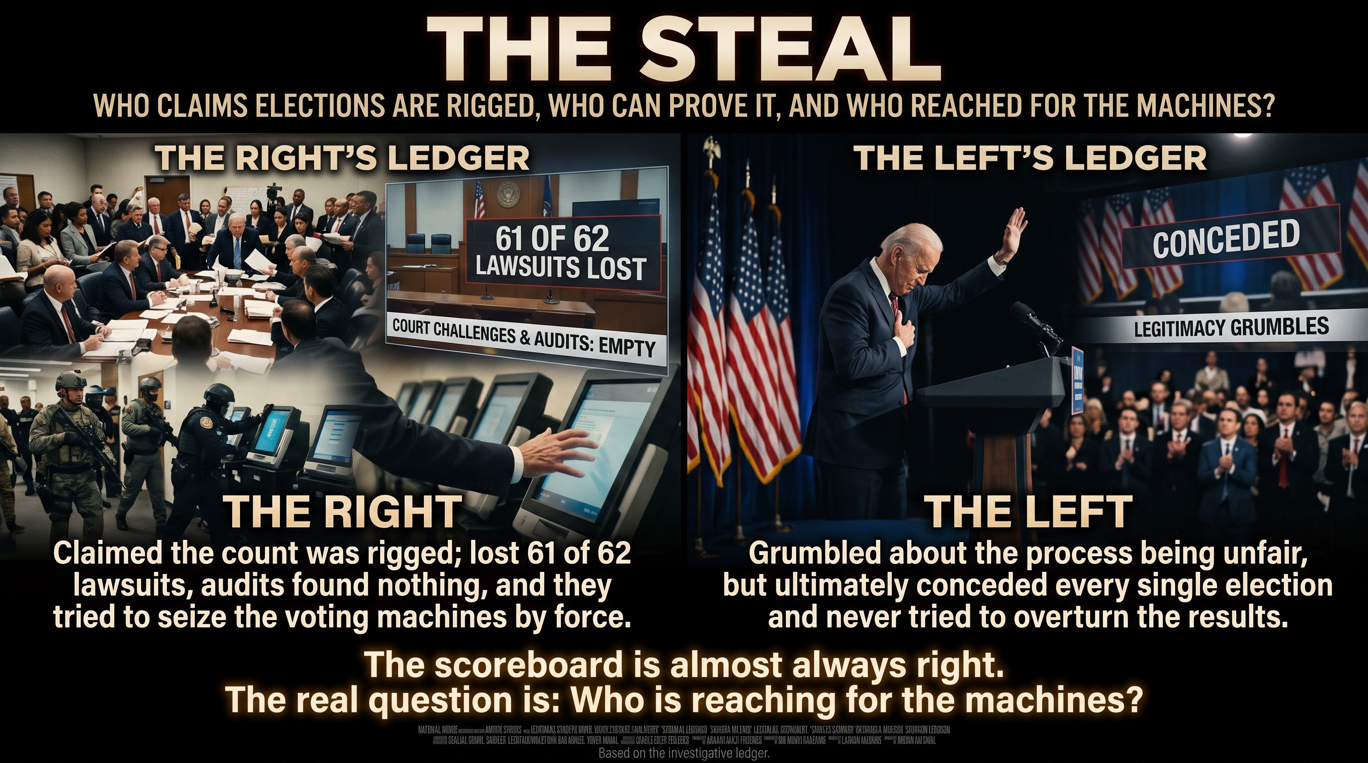 A split-screen movie-poster graphic titled &lsquo;THE STEAL&rsquo; with the subtitle &lsquo;WHO CLAIMS ELECTIONS ARE RIGGED, WHO CAN PROVE IT, AND WHO REACHED FOR THE MACHINES?&rsquo; On the left, labeled &lsquo;THE RIGHT&rsquo;S LEDGER,&rsquo; a crowded courtroom-style scene of suited figures clutching papers, with an overlaid screen reading &lsquo;61 OF 62 LAWSUITS LOST&rsquo; and &lsquo;COURT CHALLENGES & AUDITS: EMPTY,&rsquo; while below, armored tactical officers in body armor reach toward a row of voting machines. On the right, labeled &lsquo;THE LEFT&rsquo;S LEDGER,&rsquo; a man in a dark suit stands at a podium before American flags with his hand on his chest and head bowed, an overlaid screen reading &lsquo;CONCEDED&rsquo; and &lsquo;LEGITIMACY GRUMBLES.&rsquo; Captions read &lsquo;THE RIGHT: Claimed the count was rigged; lost 61 of 62 lawsuits, audits found nothing, and they tried to seize the voting machines by force&rsquo; and &lsquo;THE LEFT: Grumbled about the process being unfair, but ultimately conceded every single election and never tried to overturn the results.&rsquo; A gold footer reads &lsquo;The scoreboard is almost always right. The real question is: Who is reaching for the machines?&rsquo;