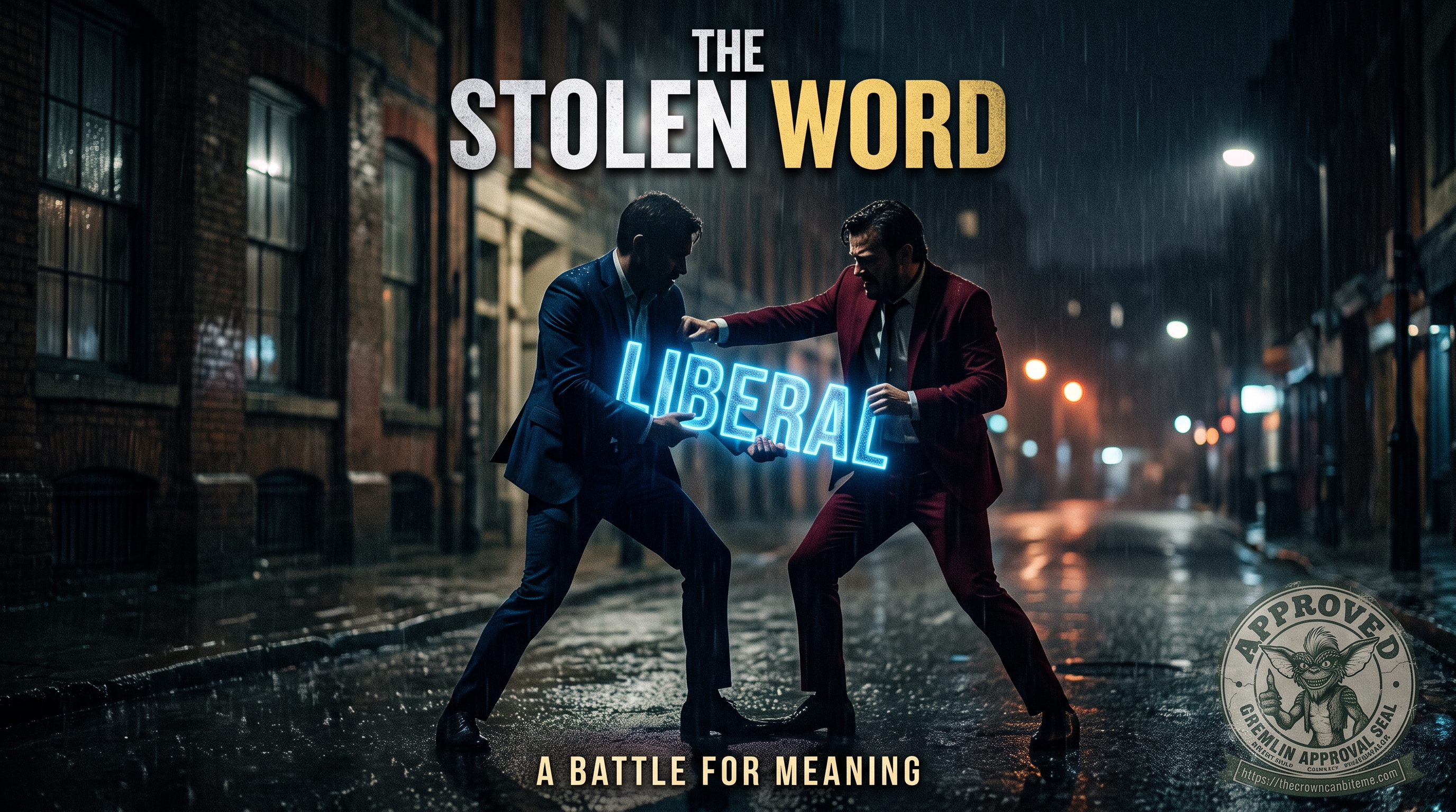 A rain-slicked night street. Two men in suits &mdash; one in blue, one in dark red &mdash; grapple over a glowing blue neon word, LIBERAL, each trying to wrench it from the other. Bold title above reads &lsquo;THE STOLEN WORD,&rsquo; with the subtitle &lsquo;A BATTLE FOR MEANING&rsquo; across the bottom. A circular Gremlin &lsquo;Approved&rsquo; seal is stamped in the lower-right corner.