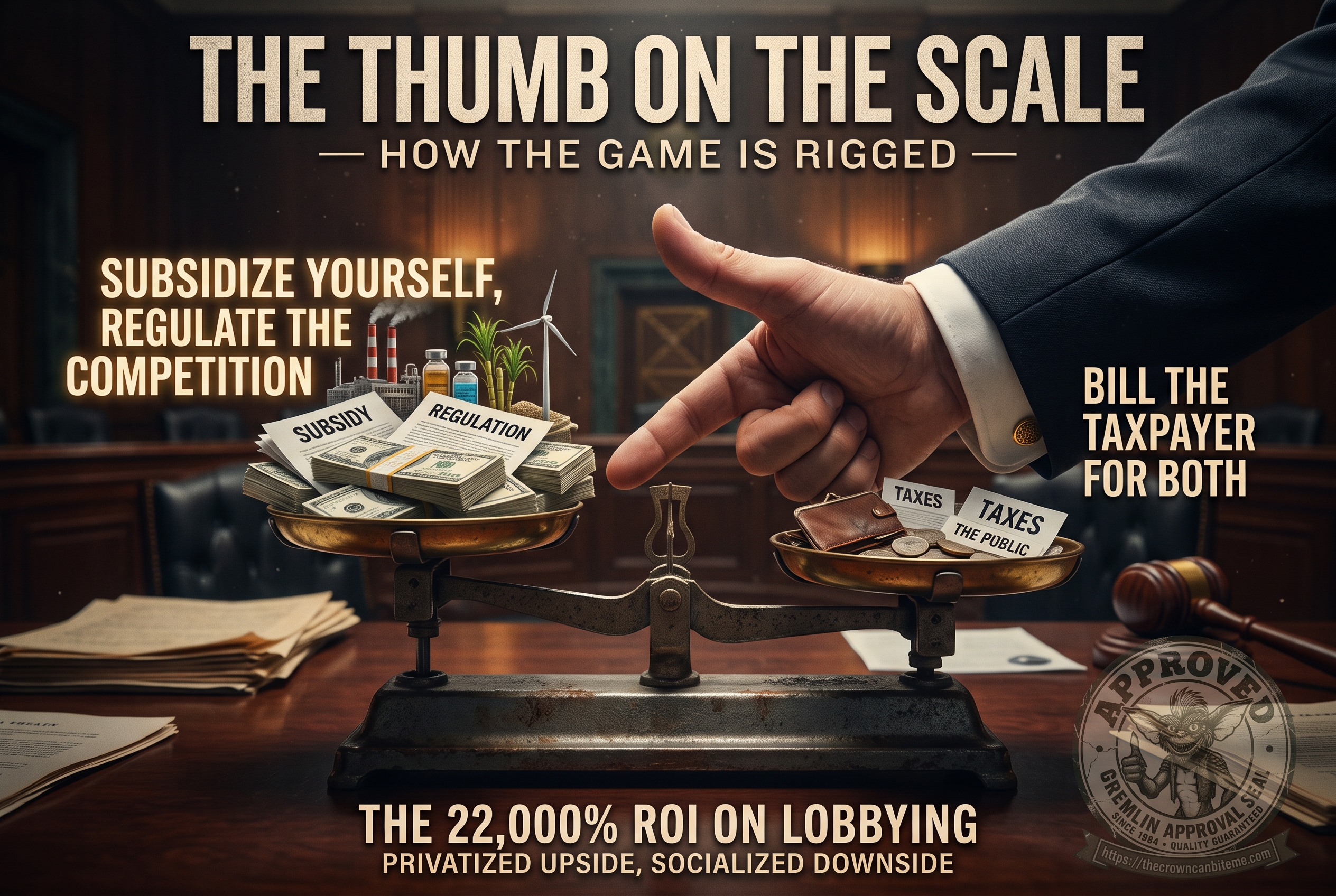 A cinematic illustration headlined &lsquo;THE THUMB ON THE SCALE &mdash; How the Game Is Rigged.&rsquo; A giant suited arm reaches in from the right and presses a single finger down on an old brass balance scale in a wood-paneled hearing room. The heavy pan, labeled &lsquo;SUBSIDIZE YOURSELF, REGULATE THE COMPETITION,&rsquo; is piled with bundled cash and papers marked &lsquo;SUBSIDY&rsquo; and &lsquo;REGULATION,&rsquo; topped with a smokestack factory, vaccine vials, sugarcane, and a wind turbine. The light pan, labeled &lsquo;BILL THE TAXPAYER FOR BOTH,&rsquo; holds only a worn wallet, a few coins, and slips reading &lsquo;TAXES&rsquo; and &lsquo;THE PUBLIC.&rsquo; A gavel rests on the desk. A bottom banner reads &lsquo;THE 22,000% ROI ON LOBBYING &mdash; PRIVATIZED UPSIDE, SOCIALIZED DOWNSIDE,&rsquo; with a &lsquo;Gremlin Approval Seal&rsquo; stamp in the corner.