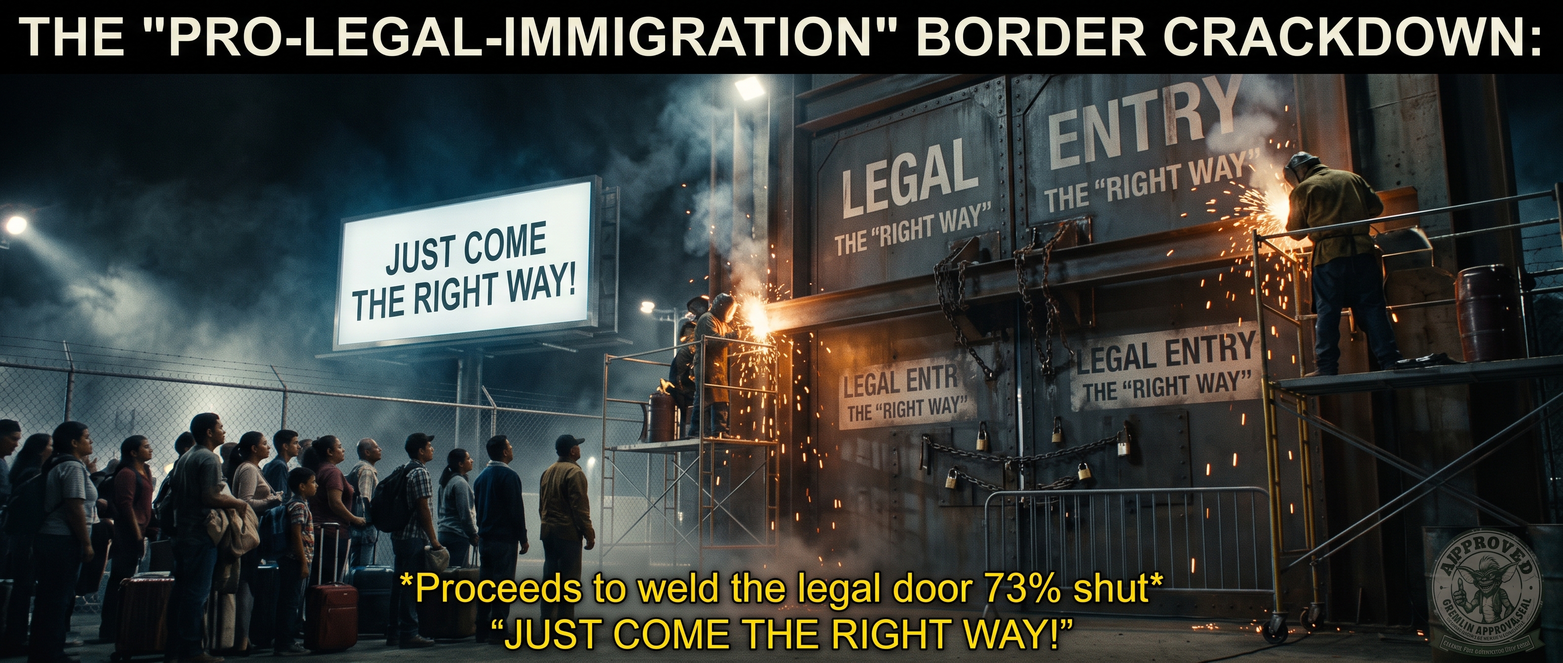 A satirical night-scene image headlined &lsquo;THE &ldquo;PRO-LEGAL-IMMIGRATION&rdquo; BORDER CRACKDOWN.&rsquo; On the left, a long line of people with luggage waits patiently beneath a bright billboard reading &lsquo;JUST COME THE RIGHT WAY!&rsquo; On the right, welders on scaffolding throw showers of sparks as they weld shut a row of massive steel doors stenciled &lsquo;LEGAL ENTRY &mdash; THE &ldquo;RIGHT WAY&rdquo;&rsquo;, the doors chained and padlocked. Yellow caption text reads &lsquo;*Proceeds to weld the legal door 73% shut* &mdash; JUST COME THE RIGHT WAY!&rsquo; A small gremlin &lsquo;Approved&rsquo; seal sits in the lower-right corner.