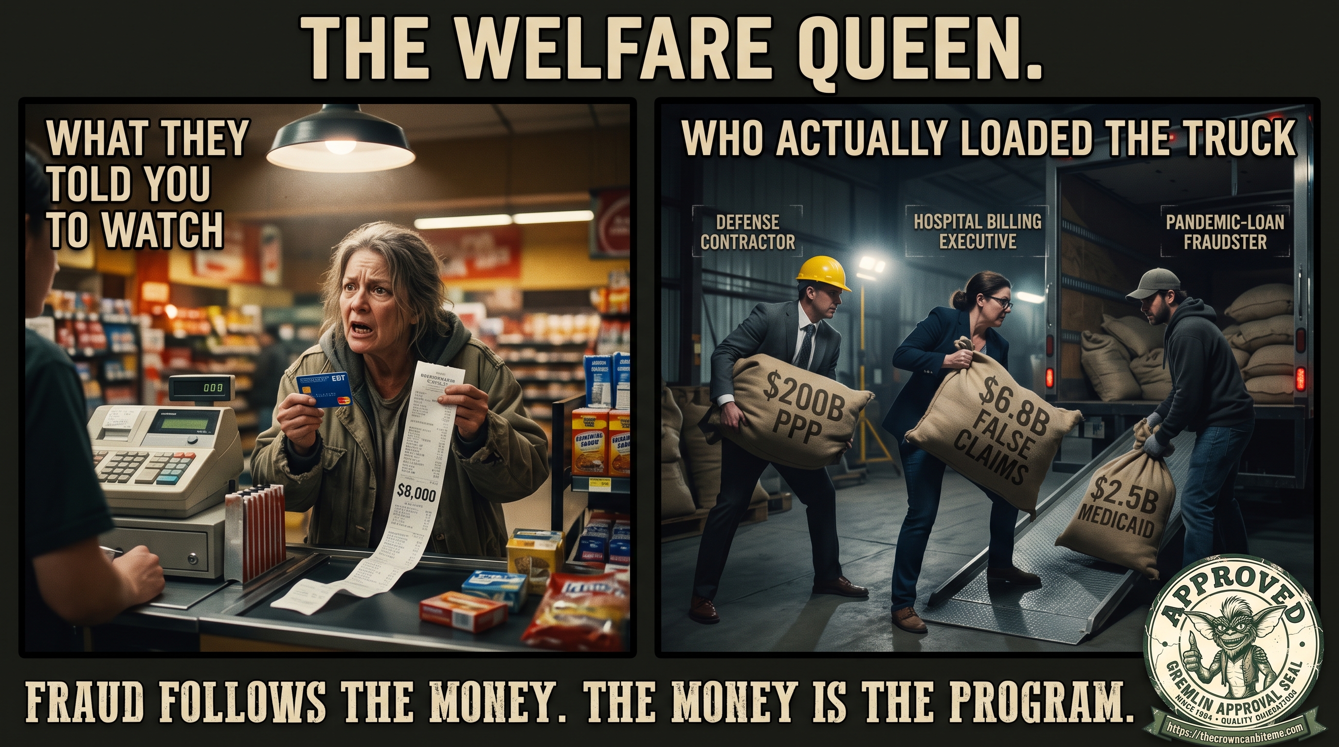 Two-panel meme titled &lsquo;THE WELFARE QUEEN.&rsquo; LEFT panel, spotlit and labeled &lsquo;WHAT THEY TOLD YOU TO WATCH&rsquo;: a small caricature of a woman at a checkout counter clutching an EBT card and a receipt reading &lsquo;$8,000.&rsquo; RIGHT panel, much larger and in shadow, labeled &lsquo;WHO ACTUALLY LOADED THE TRUCK&rsquo;: a defense contractor, a hospital billing executive, and a pandemic-loan fraudster hauling oversized money sacks stenciled &lsquo;$200B PPP,&rsquo; &lsquo;$6.8B FALSE CLAIMS,&rsquo; and &lsquo;$2.5B MEDICAID&rsquo; into the back of a box truck. Bottom banner: &lsquo;FRAUD FOLLOWS THE MONEY. THE MONEY IS THE PROGRAM.&rsquo; A Gremlin Approval Seal from thecrowncanbiteme.com sits in the lower-right corner.