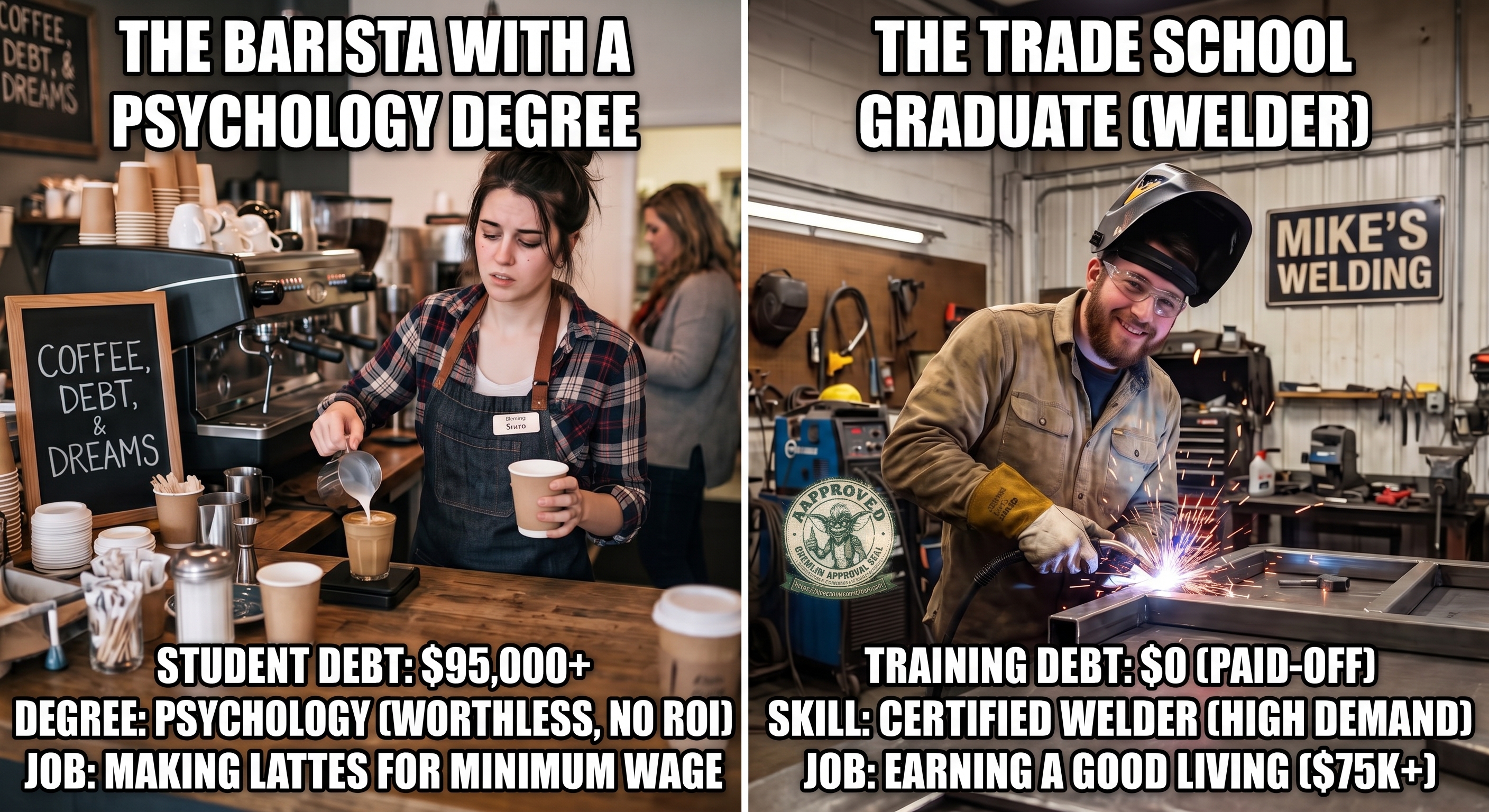 Two-panel meme contrasting career paths. Left: &lsquo;The barista with a psychology degree&rsquo; pours a latte in a coffee shop — student debt $95,000+, degree psychology (labeled worthless, no ROI), job making lattes for minimum wage. Right: &lsquo;The trade school graduate (welder)&rsquo; grins behind a welding helmet throwing sparks at Mike&rsquo;s Welding — training debt $0 paid-off, skill certified welder in high demand, job earning a good living $75K+. Stamped with a Gremlin &lsquo;Approved&rsquo; seal.